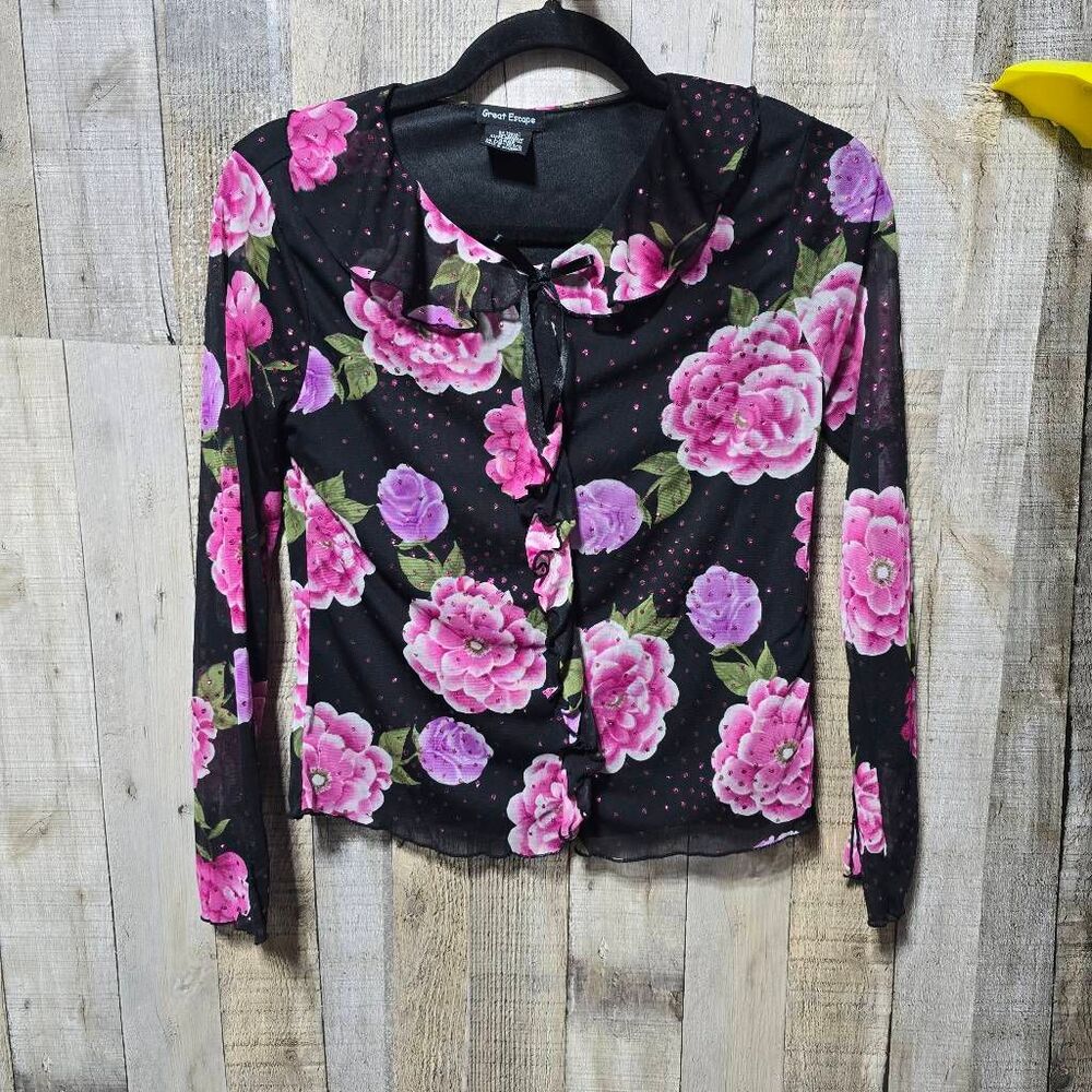Great Escape Vintage Y2K Black Floral Shimmer Blouse Large Retro Femme Fairy